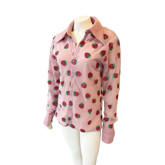 Lirika Matoshi Strawberry Button Down Sheer Shirt Glitter Pink Small - Picture 4 of 11